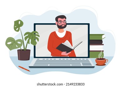 Online education concept. Bearded man in glasses with book on laptop screen. Modern technologies and distance communication, online courses and education, lectures. Cartoon flat vector illustration