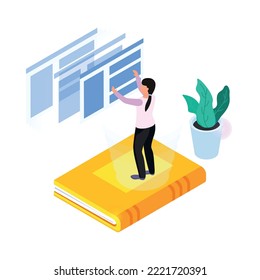 Online education concept with books female character program windows 3d isometric vector illustration