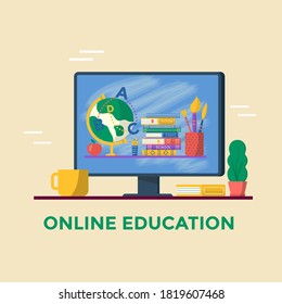 Online education concept. Books and globe on computer screen. Vector template for banner, promo, invitation, ad, landing page