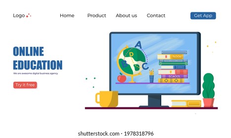 Online education concept. Books and globe for back to school promo. Vector template for banner,  invitation, ad, landing page. Vecror modern design.