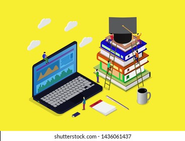 Online education concept with books and laptop illustration, People scrambling to books