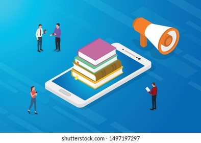 online education concept with books and smartphone apps with team people and isometric flat style - vector