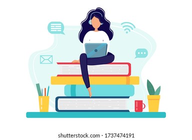 Online education concept with books and woman with laptop. Vector illustration in flat style. Stay at home. Self-isolation.