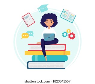 Online education concept with books and woman with laptop. Icons for education, online education, online learning infographics design, web elements, Vector illustration in flat style.