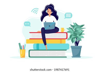 Online education concept with books and woman with laptop. Vector illustration in flat style. Stay at home. Self-isolation.