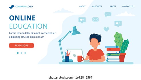 Online education concept with a boy, computer, lamp, and books. Landing page template, vector illustration in flat style.