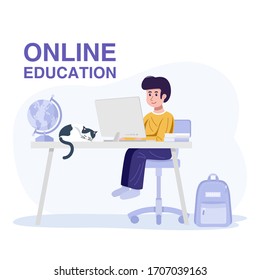 Online Education Concept. A boy learning with computer at home. Vector