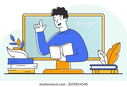 Online education concept. Boy stands in classroom with textbooks in his hands. Books from library, styding. Teacher on monitor screen. Cartoon flat vector illustration isolated on white background