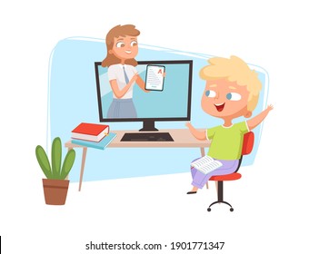 Online education concept. Boy and teacher on screen, happy student distance learning vector illustration