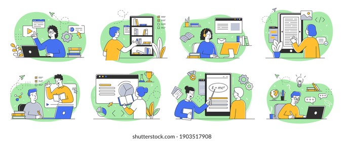 Online education concept. Bundle of scenes with men and women taking part in activities of educating or instructing. Set of outline flat vector illustrations