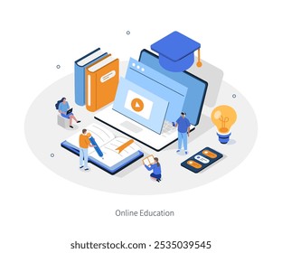 Online education concept. Business training, distance learning, back to school banner template. Internet course, podcast, webinar, video tutorial infographic. Flat isometric vector illustration.