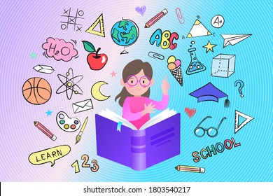 Online education concept. Cartoon children playing. Welcome back to school. Cute school kids. Flat design pattern with child.