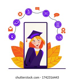 Online education concept with character. Online courses, training, e-learning concept, violet palette. Happy graduate students in academic dresses and graduation caps. Vector isolated illustration.