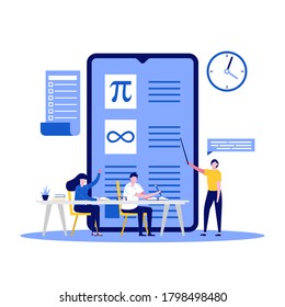 Online education concept with characters. Student studying near big smartphone. Modern vector illustration in flat style for landing page, mobile app, template, web banner, infographics, hero images.