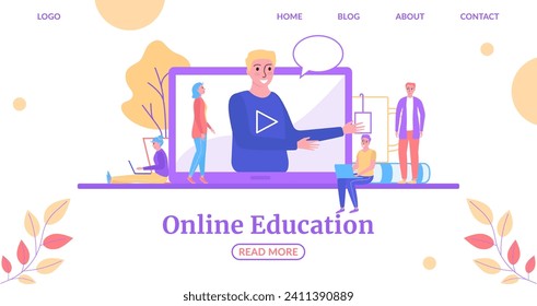 Concepto de educación en línea con personajes que utilizan laptop para aprender. Diversas personas estudiando en la página web educativa ilustración vectorial. Ilustración vectorial de clase digital y aprendizaje permanente.