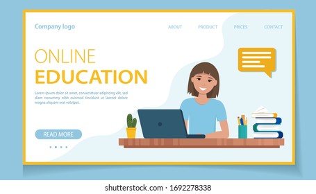 Online education concept for children landing page. Teen girl studying with computer and books. Vector illustration in flat style