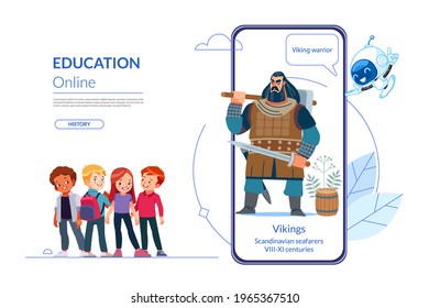 Online education concept. Children learn history lessons through a mobile app with a teacher chatbot. History of the Norse Vikings. Distant e-learning. Homeschooling. Vector cartoon illustration.