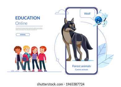 Online education concept. Children learn animal lessons through a mobile app with a teacher chatbot. Forest wolf. Distant e-learning. Homeschooling. Vector cartoon illustration.