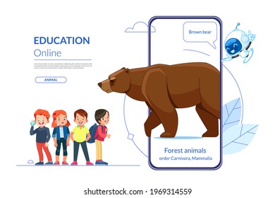 Online education concept. Children learn forest animals lessons through a mobile app with a teacher chatbot. Brown bear. Distant e-learning. Homeschooling. Vector cartoon illustration.