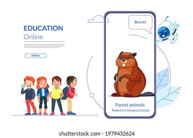 Online education concept. Children learn forest animals lessons through a mobile app with a teacher chatbot. Beaver. Distant e-learning. Homeschooling. Vector cartoon illustration