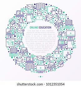 Online Education Concept In Circle With Thin Line Icons: Online Course, Webinar, E-book, Video Conference, Home Studying, Wise Owl In Graduation Cup. Modern Vector Illustration For School Web Page.
