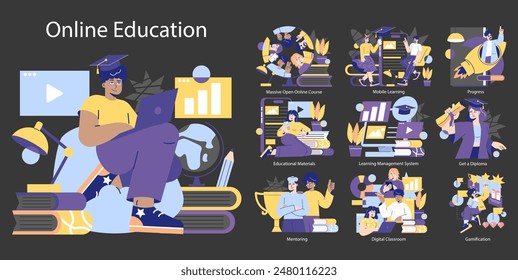 Online Education concept. A compilation of virtual learning elements featuring diverse students, devices, and achievements. Distance learning dynamics and digital classroom interaction. Vector