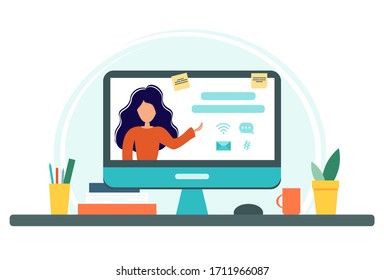 Online education concept with computer, books and cup. Screen with teacher. Vector illustration in flat style. Stay at home. Self-isolation.