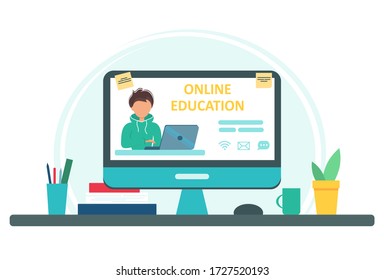 Concepto de educación en línea con computadora, libros y taza. Pantalla con el profesor. Ilustración vectorial en estilo plano. Quédate en casa. Autoaislamiento.
