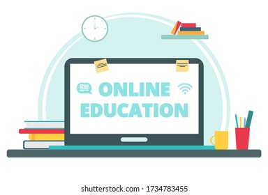 Online education concept with computer, books and cup. Screen with teacher. Vector illustration in flat style. Stay at home. Self-isolation.
