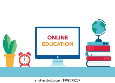 Concepto de educación en línea. Computadora, reloj de libros y globo. Gráficos vectoriales de estilo plano