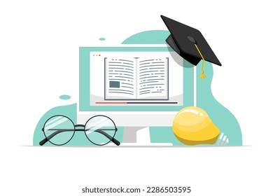 Online education concept, Computer with degree cap, glasses on isolated background, Digital marketing illustration.