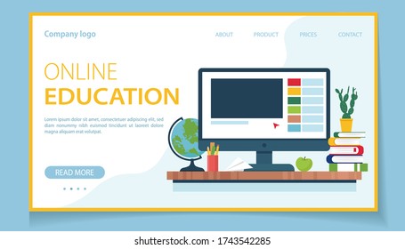 Concepto de educación en línea. Computadora, globo, libros, lápiz en el escritorio. Ilustración vectorial en estilo plano para banner, sitio web, página de inicio