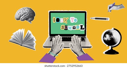 Online Education Concept with Computer Hand Books and Lightbulb Halftone Collage Illustration
