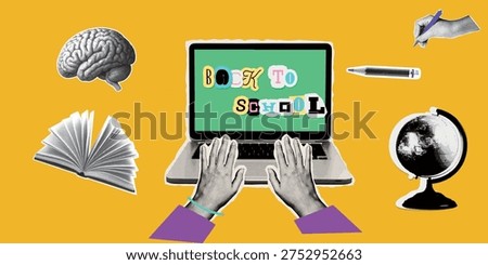 Online Education Concept with Computer Hand Books and Lightbulb Halftone Collage Illustration