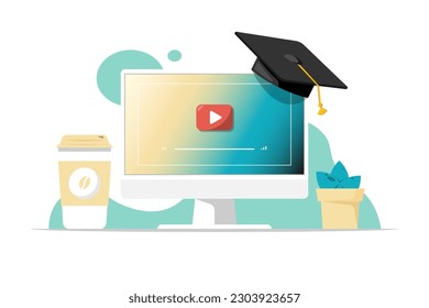 Online education concept, Computer PC with cactus, coffee on isolated background, Digital marketing illustration.