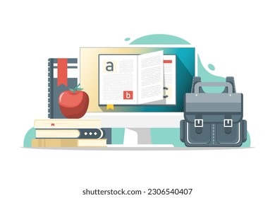 Online education concept, Computer PC with open book, school bag, apple on isolated background, Digital marketing illustration.