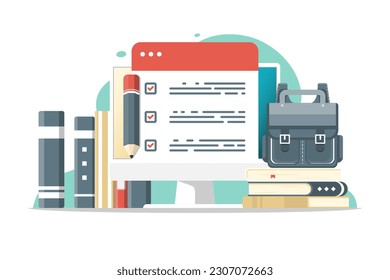Online education concept, Computer PC with homework paper, pencil, book, school bag on isolated background, Digital marketing illustration.