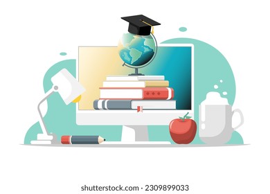 Online education concept, Computer PC with world map, graduation cap, lamp, apple on isolated background, Digital marketing illustration.