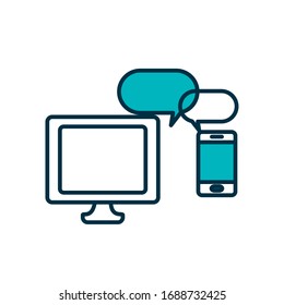 concepto de educación en línea, computadora y smartphone con icono de burbujas de voz sobre fondo blanco, estilo de medio línea de medio color , ilustración vectorial