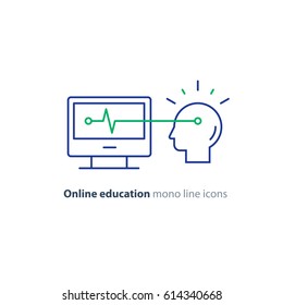 Online education concept, computer technology, artificial intelligence, vector mono line icon