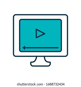 online education concept, computer with video player on screen icon over white background, half line half color style , vector illustration