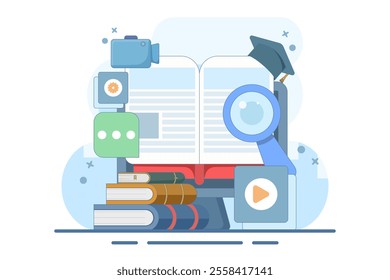 Online education concept, Online courses, Digital learning process, Distance learning, Online certification courses. Study at home with computer. Vector illustration on background.