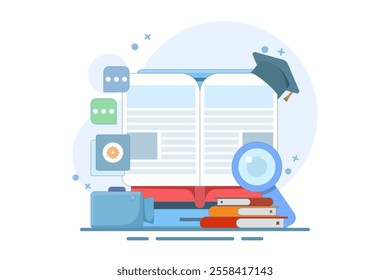 Online education concept, Online courses, Digital learning process, Distance learning, Online certification courses. Study at home with computer. Vector illustration on background.