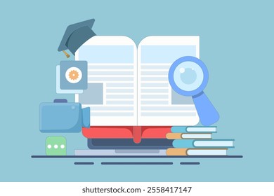 Online education concept, Online courses, Digital learning process, Distance learning, Online certification courses. Study at home with computer. Vector illustration on background.