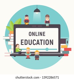 Online Education Concept. Online Courses, Tutorials, E-learning. Small Size Cartoon People near Big Laptop, Books and Lamp. Vector Illustration.