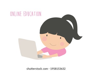 Online education  concept, cute girl using laptop to study at  home vector illustration.  