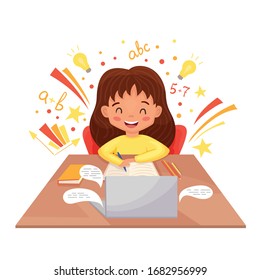 Online Education concept with cute schoolgirl using her laptop. Study at home. Can use for web banner, infographics, hero images. Flat cartoon vector illustration isolated on white background.