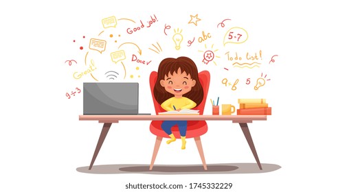 Concepto de educación en línea con una colegiala linda usando laptop. Estudiar en casa con elementos dibujados a mano. Uso para banner web, infografías. Ilustración vectorial de caricatura plana aislada en fondo blanco.