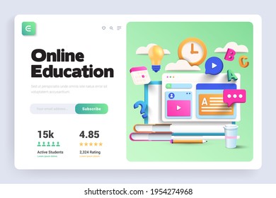 Online education concept design for website, presentation, poster and advertising. Landing page design template. 3d Vector illustration