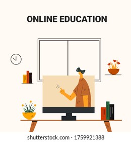 Online education concept. Desk and laptop in the room. Online courses concept. Studying at home. Vector flat illustration in modern colorful style eps 10
